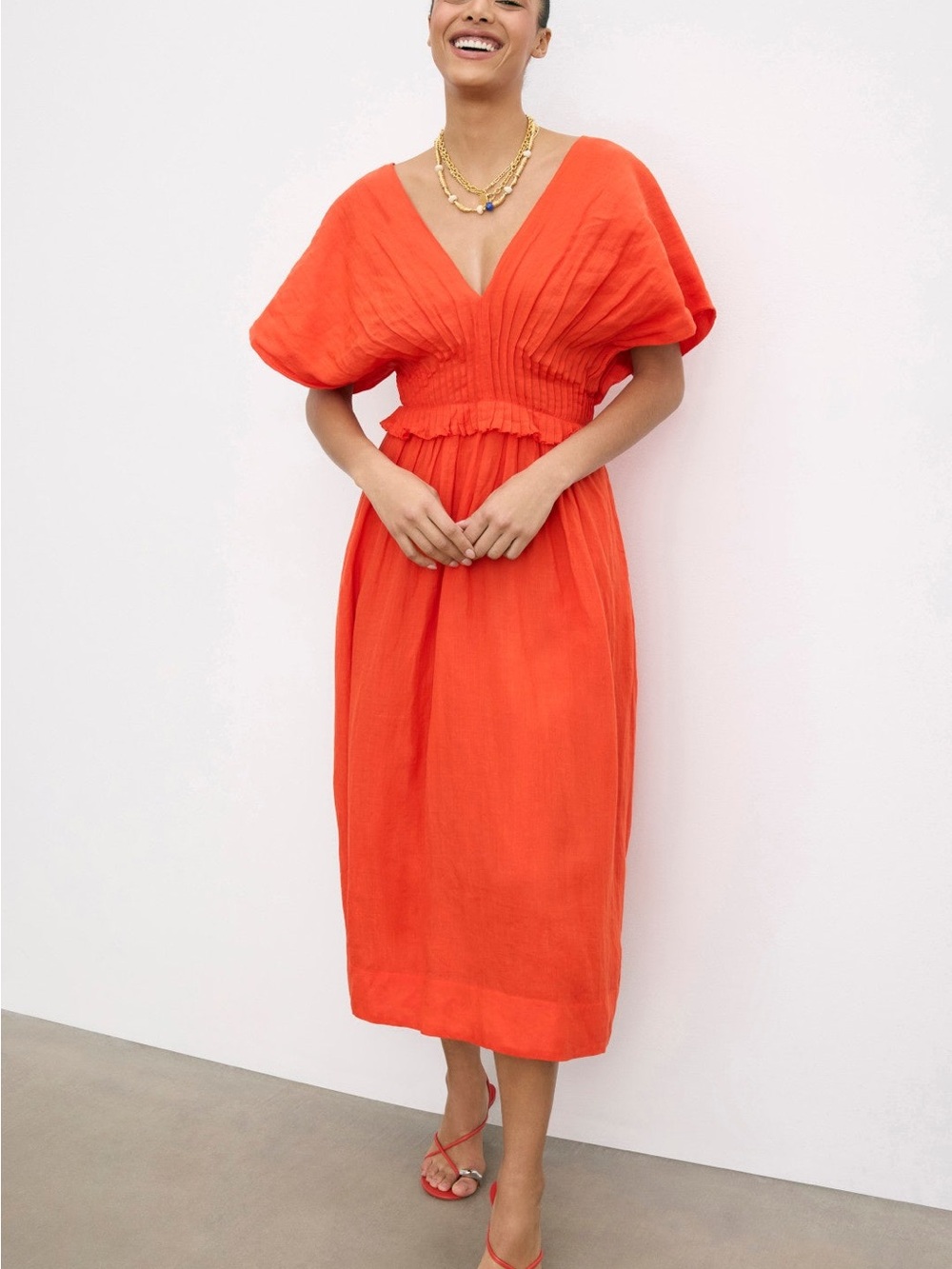 Sea New York Zora Midi Dress Orange Ramie Smocked Waist V Neck